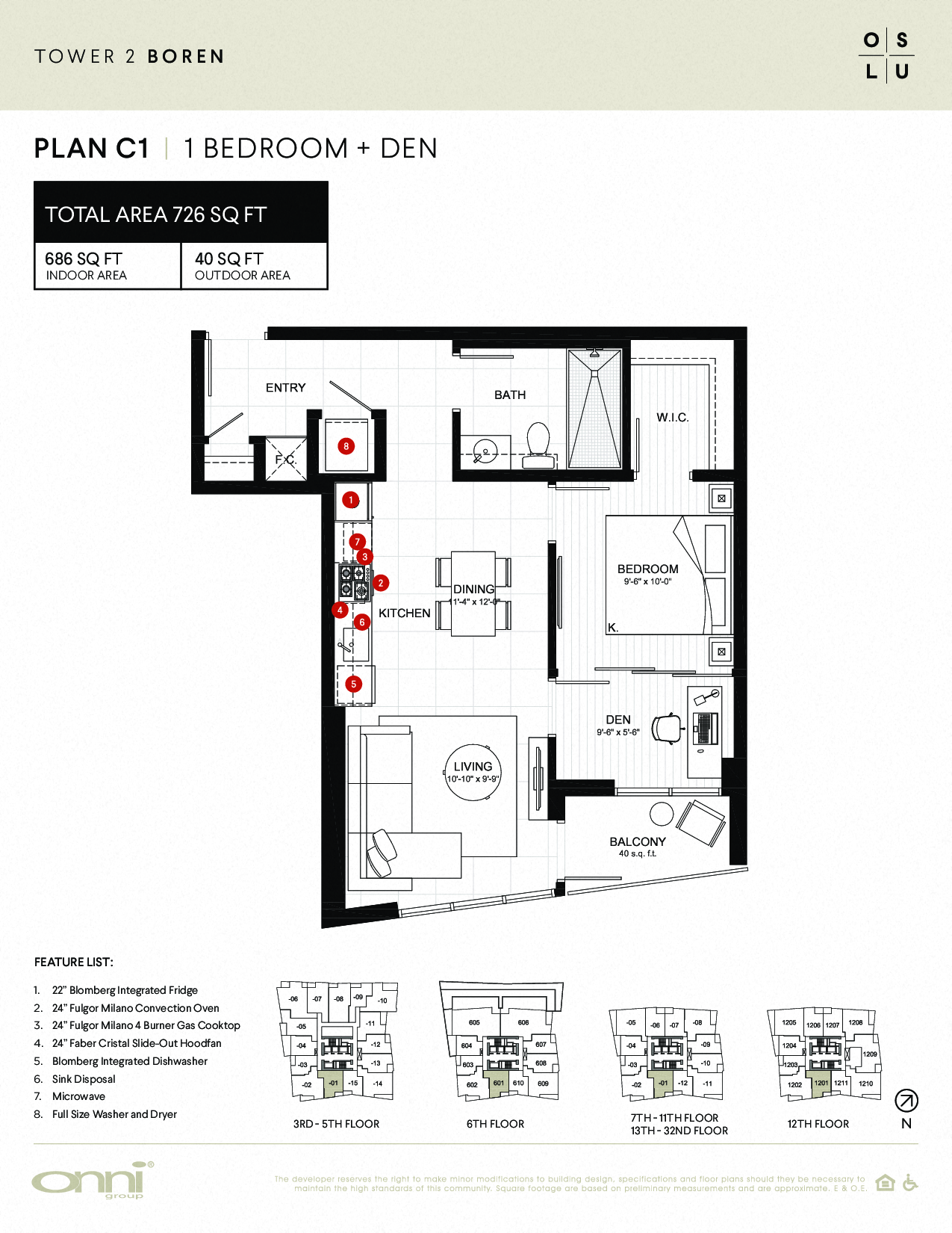 Floor plan for 1 bed, 1 bath, 686 sqft
